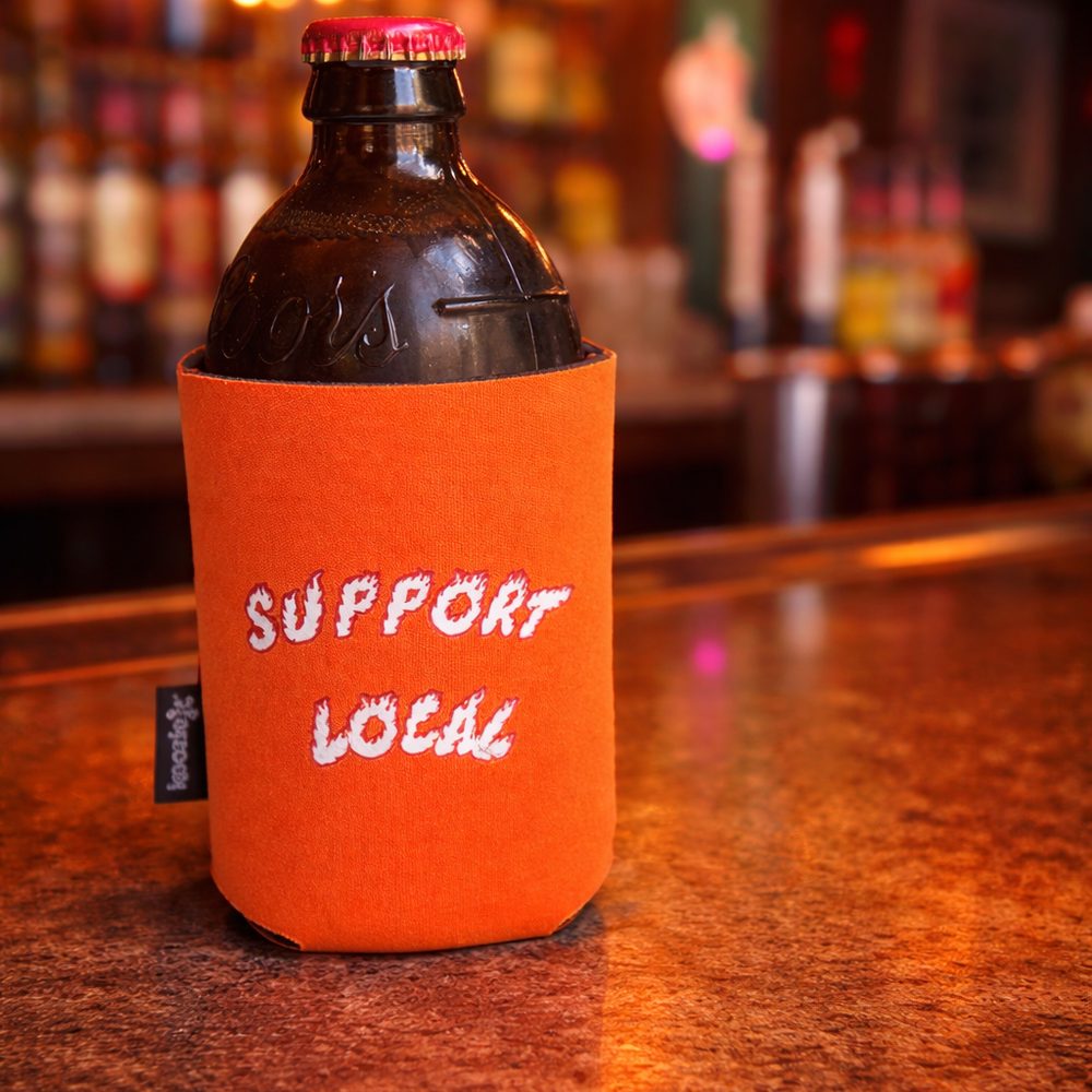 Support Local Koozie — back: 'Support Local' graffiti script