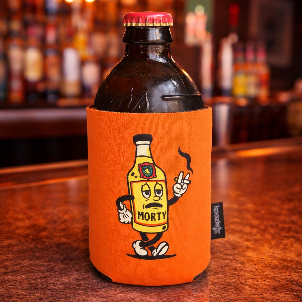 Support Local Koozie — front: Morty mascot on an orange koozie
