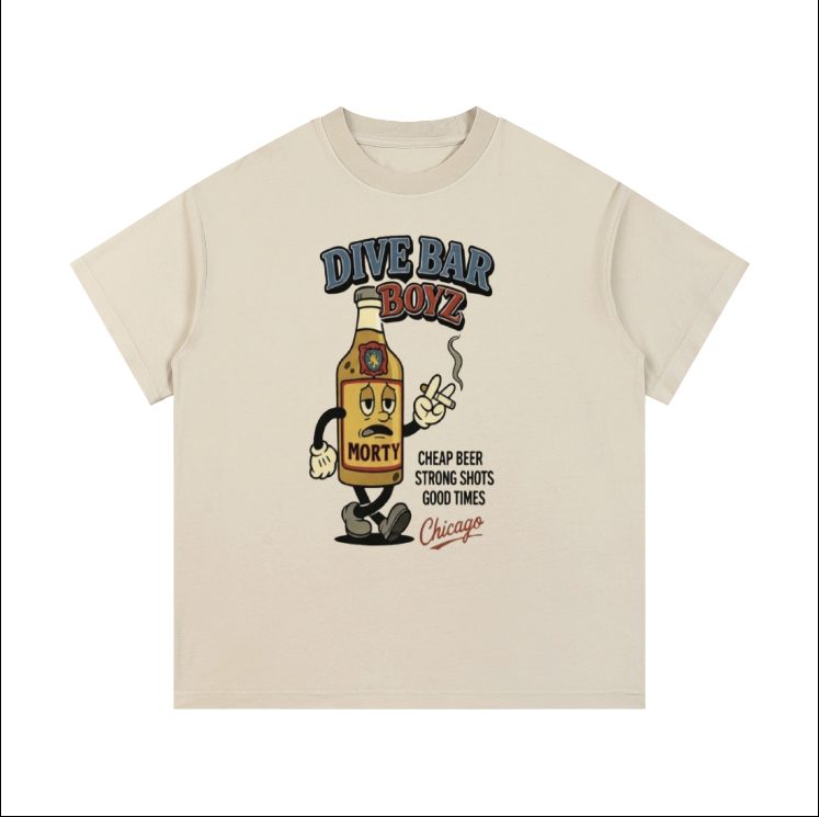 Morty Malorty tee — front: Morty mascot, 'Cheap Beer Strong Shots Good Times, Chicago'