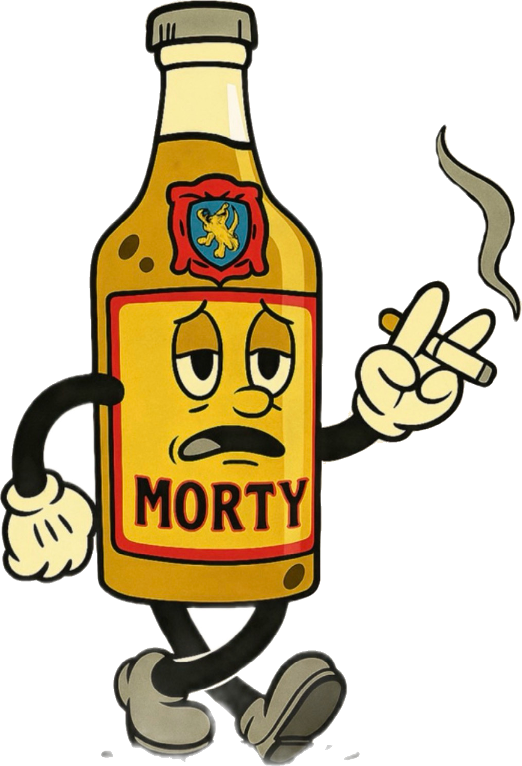 Morty, the Divebar Boyz mascot — a sad-eyed cartoon liquor bottle character holding a smoke